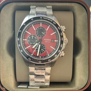 Fossil Men's Red and Silver Chronograph Watch (NEW)